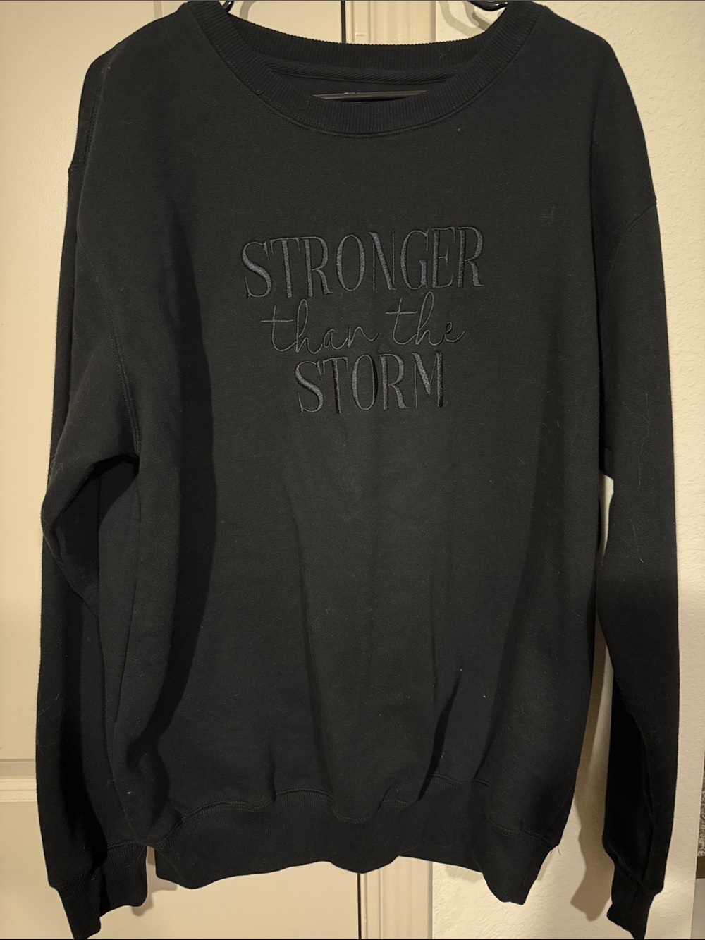 Everyday Black Crewneck Sweatshirt with Embroidered 'Stronger Than The Storm'